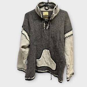 Woolies 100% Wool Pullover Sweater Baja Hoodie Kangaroo Pocket Men Large M05